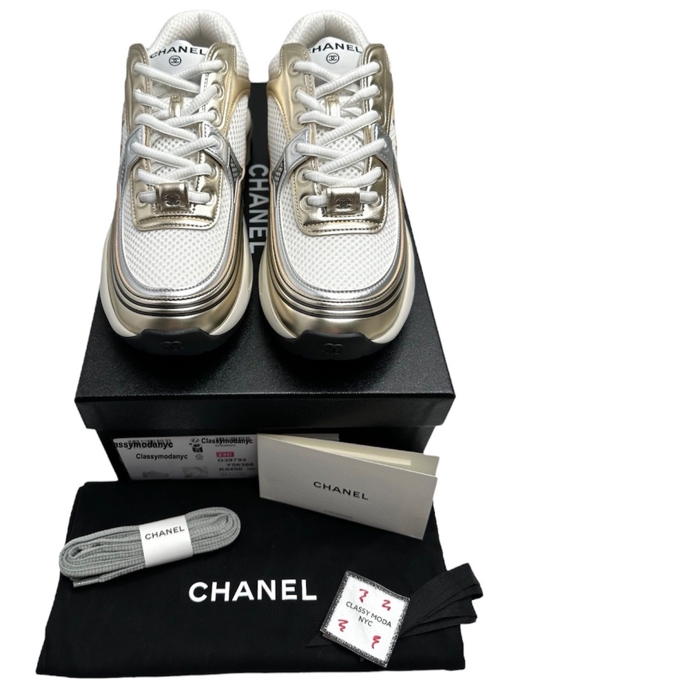 ❌❌SOLD Chanel 2023 White Black Gold Silver CC Logo Trainers Runners Sneakers - Picture 11 of 14